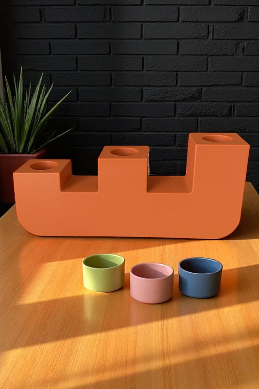 3 Bölmeli Kiremit Renk Beton Şamdan Mumluk