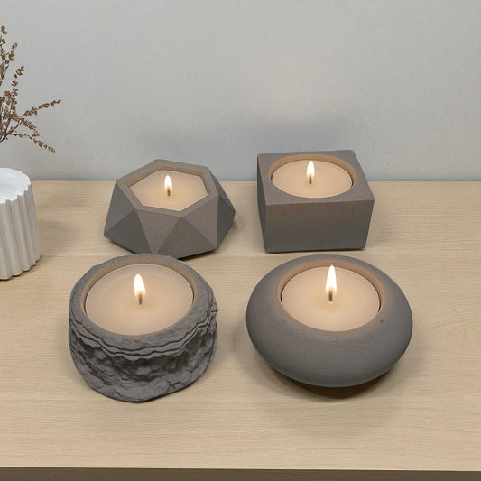 4’lü Gri Renk Geometrik Şekilli El Yapımı Beton Mum Seti | Erse Home