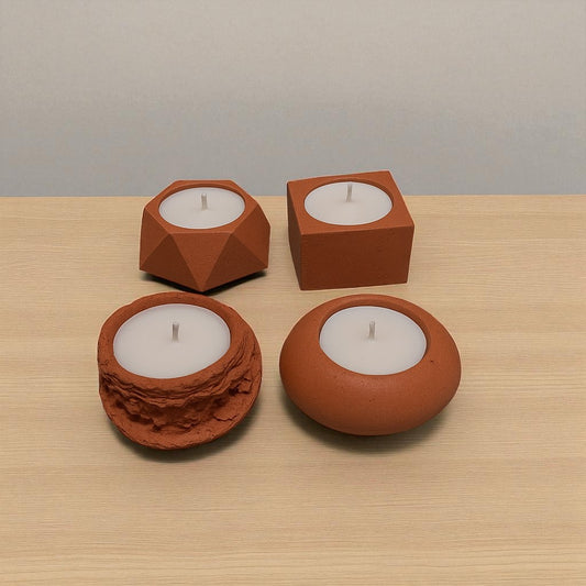 4’lü Kiremit Rengi Geometrik Şekilli El Yapımı Beton Mum Seti | Erse Home