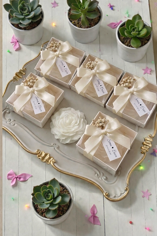 Krem Rengi Saten Kurdele ve Kuru Çiçek Süslemeli Kutulu Şakayık Mum