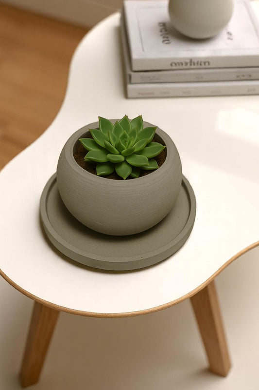 Gri Renk Yuvarlak Dekoratif Beton Saksı