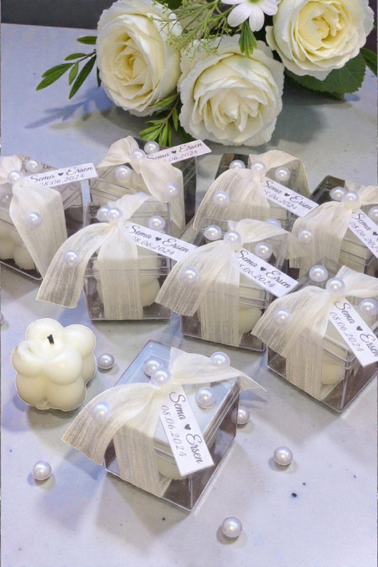 İncili ve Kurdeleli Mika Kutulu Mini Bubble Mum